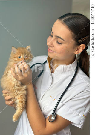 Veterinarian with little kitten. Beautiful smiling veterinarian girl with a kitten. 133044716