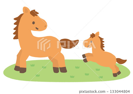 一幅可愛的馬和它的寶寶的向量插圖 133044804