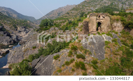 Old Pharwala Fort gateway remains beside Soan River in hills Old Pharwala Fort gateway remains beside Soan River in hills 133044817