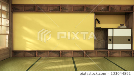 yellow color Muji room interior with shelf wall japanese style design.3d rendering yellow color Muji room interior with shelf wall japanese style design.3d rendering 133044891