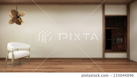 arm chair and decoration japanese on Modern room interior wabisabi style.3D rendering arm chair and decoration japanese on Modern room interior wabisabi style.3D rendering 133044896