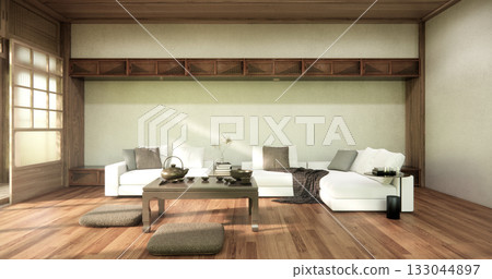 arm chair and decoration japanese on Modern room interior wabisabi style.3D rendering arm chair and decoration japanese on Modern room interior wabisabi style.3D rendering 133044897