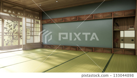 Tatami mat floor on Empty blue room Japanese tropical style. 3D rendering Tatami mat floor on Empty blue room Japanese tropical style. 3D rendering 133044898