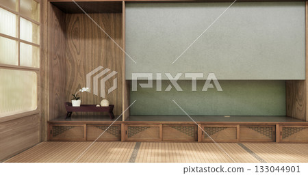 Tatami mat floor on Empty blue room Japanese tropical style. 3D rendering 133044901