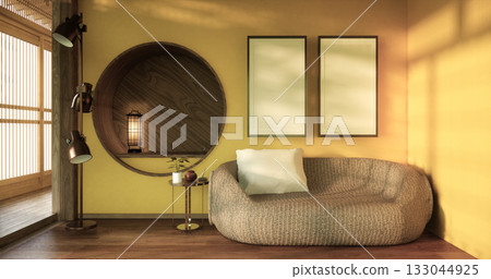 yellow Mini sofa armchair on interior design modern living room Japanese style.3D rendering yellow Mini sofa armchair on interior design modern living room Japanese style.3D rendering 133044925