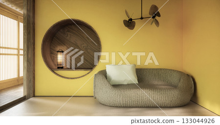 yellow Mini sofa armchair on interior design modern living room Japanese style.3D rendering 133044926