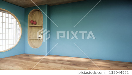Dark blue color empty room zen style and decoraion wooden design, earth tone.3D rendering 133044931