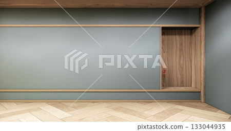 Dark blue color empty room zen style and decoraion wooden design, earth tone.3D rendering 133044935