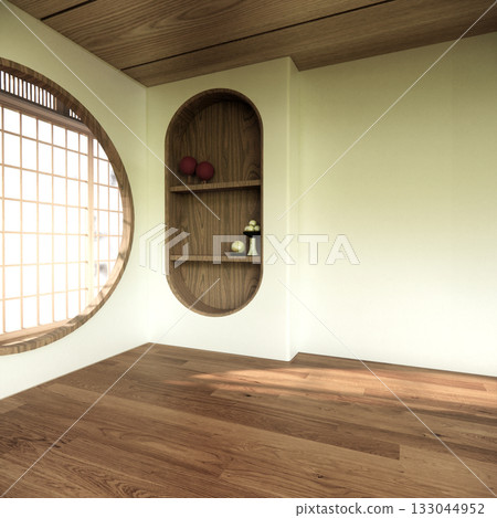 Concept Empty room and wood floor with shelf wall background 3D illustration rendering 133044952
