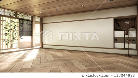 Concept Empty room and wood floor with shelf wall background 3D illustration rendering Concept Empty room and wood floor with shelf wall background 3D illustration rendering 133044958