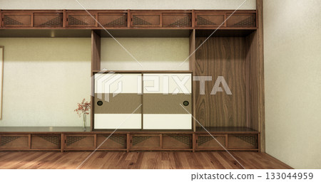 Concept Empty room and wood floor with shelf wall background 3D illustration rendering Concept Empty room and wood floor with shelf wall background 3D illustration rendering 133044959