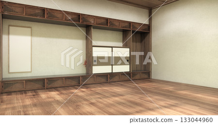 Concept Empty room and wood floor with shelf wall background 3D illustration rendering Concept Empty room and wood floor with shelf wall background 3D illustration rendering 133044960