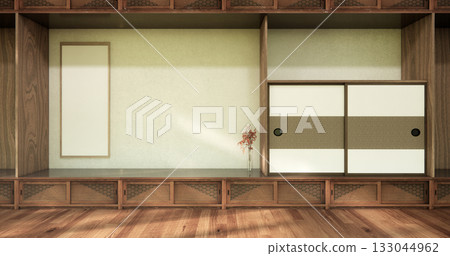Concept Empty room and wood floor with shelf wall background 3D illustration rendering Concept Empty room and wood floor with shelf wall background 3D illustration rendering 133044962