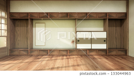 Concept Empty room and wood floor with shelf wall background 3D illustration rendering 133044963