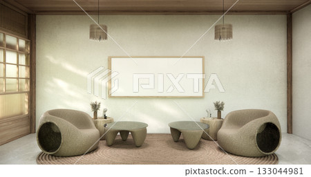 Living room concept Empty room wood docoration wall on white floor. 3D illustration rendering 133044981