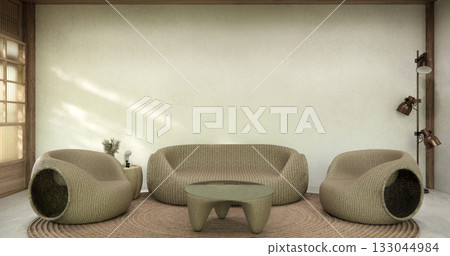 Living room concept Empty room wood docoration wall on white floor. 3D illustration rendering 133044984