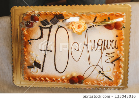 Celebration Cake with Chocolate Decorations for 70th Birthday Celebration Cake with Chocolate Decorations for 70th Birthday 133045016