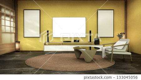yellow color wall Mini sofa armchair on interior design modern living room Japanese style.3D rendering 133045056