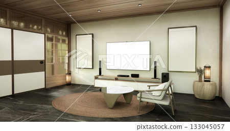 Living room concept Empty room wood docoration wall on black floor. 3D illustration rendering Living room concept Empty room wood docoration wall on black floor. 3D illustration rendering 133045057