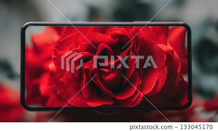 Red Rose On Smartphone Screen Close Up Of Vibrant Petals For Romantic Mobile Image 133045170
