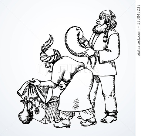 Vector drawing. Man sells a fabric on ancient market Vector drawing. Man sells a fabric on ancient market 133045235