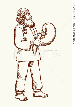Vector drawing. Man sells a fur 133045236