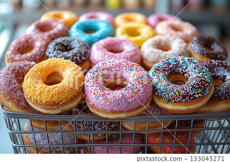 Shopping cart full of goodies. Bakehouse. Variety of bright donuts on a display stand. Glazed donuts. Sweet topping food. 133045271