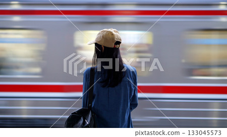 Blurred image of a woman standing on a train platform watching a train pass by. 133045573