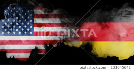 Poster template with copy space. United States and Germany flags in smoke symbolizing diplomacy and alliance Poster template with copy space. United States and Germany flags in smoke symbolizing diplomacy and alliance 133045641