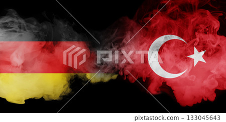 Germany and Turkey flags in smoke representing political dialogue and collaboration. Copy space collage 133045643