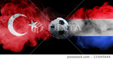 Poster with Turkey vs Netherlands football rivalry with smoke flags and soccer ball Poster with Turkey vs Netherlands football rivalry with smoke flags and soccer ball 133045644