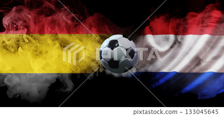 Collage of Germany vs Netherlands football rivalry with smoke flags and soccer ball Collage of Germany vs Netherlands football rivalry with smoke flags and soccer ball 133045645