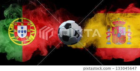 Creative digital artwork. Portugal vs Spain football rivalry with smoke flags and soccer ball Creative digital artwork. Portugal vs Spain football rivalry with smoke flags and soccer ball 133045647
