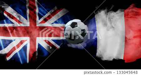 Creative collage. United Kingdom vs France football rivalry with smoke flags and central soccer ball 133045648