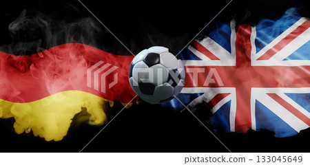 Composition with Germany vs United Kingdom football match with smoke flags and soccer ball 133045649