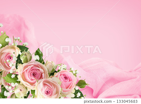 Pink draped fabric and rose flowers or transparent background Pink draped fabric and rose flowers or transparent background 133045683