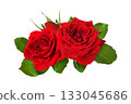 Red roses with green leaves and bud in a beautiful floral arrangement isolated on white background 133045686