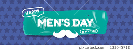 International Men's Day blue wide banner with mustache on blue abstract background. Happy mens day wide poster, banner and sticker. WORLD MALE DAY 133045718