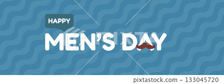 International Men's Day blue wide banner with mustache on blue abstract background. Happy mens day wide poster, banner and sticker. WORLD MALE DAY 133045720