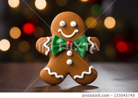 The gingerbread man. The image of a gingerbread man cookie with a smiling face. 133045749