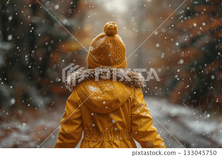 Happy girl in a yellow raincoat walks in the rain 133045750