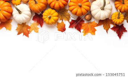 Fall background with orange pumpkins and fall leaves 133045751