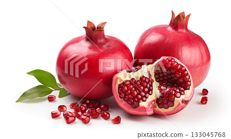 Fresh ripe pomegranate with green leaves isolated on white background. 133045768