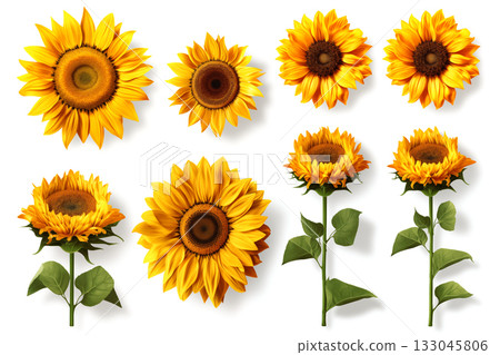 sunflowers. collection of hand drawn sunflowers flowers isolated on a white background 133045806