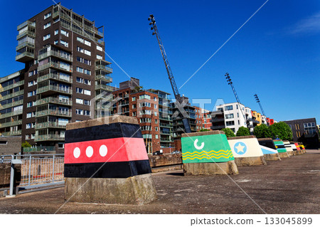 Houses in Eriksberg district, former shipyard near Alvsborg bridge, Hisingen island, sunny day in Gothenburg, Sweden 133045899