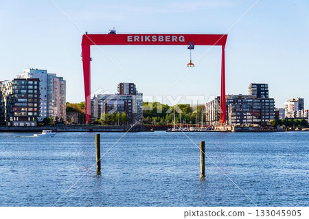 Big gantry Eriksberg district crane at former shipyard near Alvsborg bridge, Hisingen island, sunny day in Gothenburg, Sweden 133045905