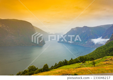 Fjord landscape Aurlandsfjord in Norway 133046217