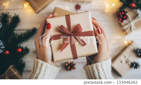 Giving gifts during the celebrating happy birthday. Woman hands holding a gift box. 133046262