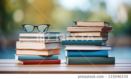 A stack of books and a pair of glasses . Blurred background 133046339