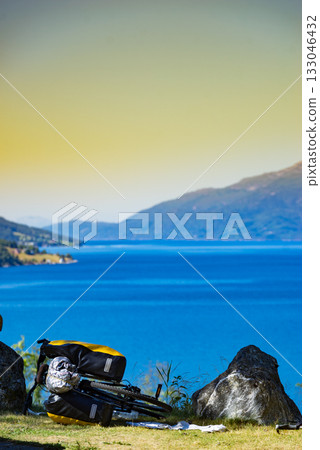 Bike with saddlebag on nature, Norway 133046432